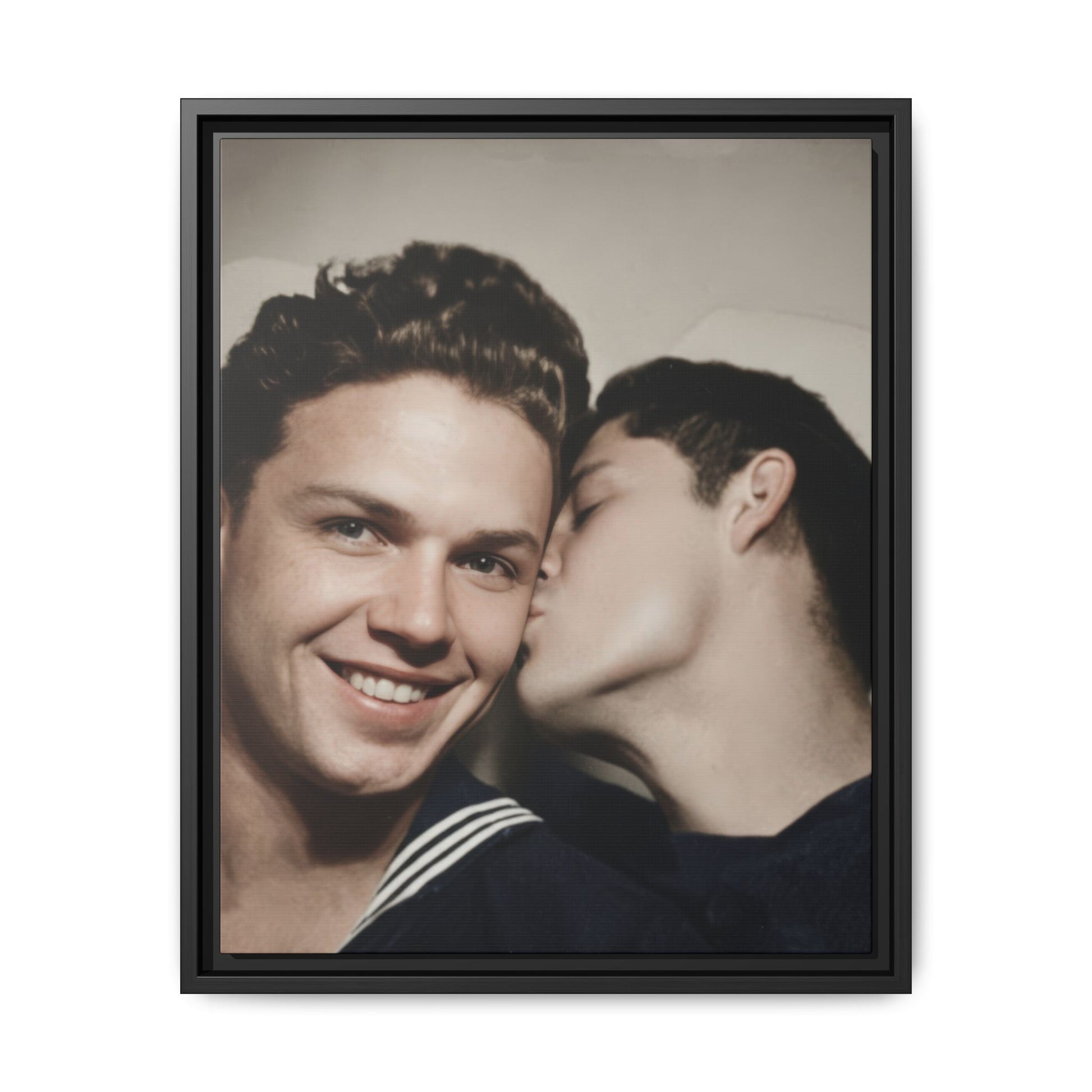 Vintage naval photograph of two uniformed men in an intimate close-up reproduced as framed canvas wall art