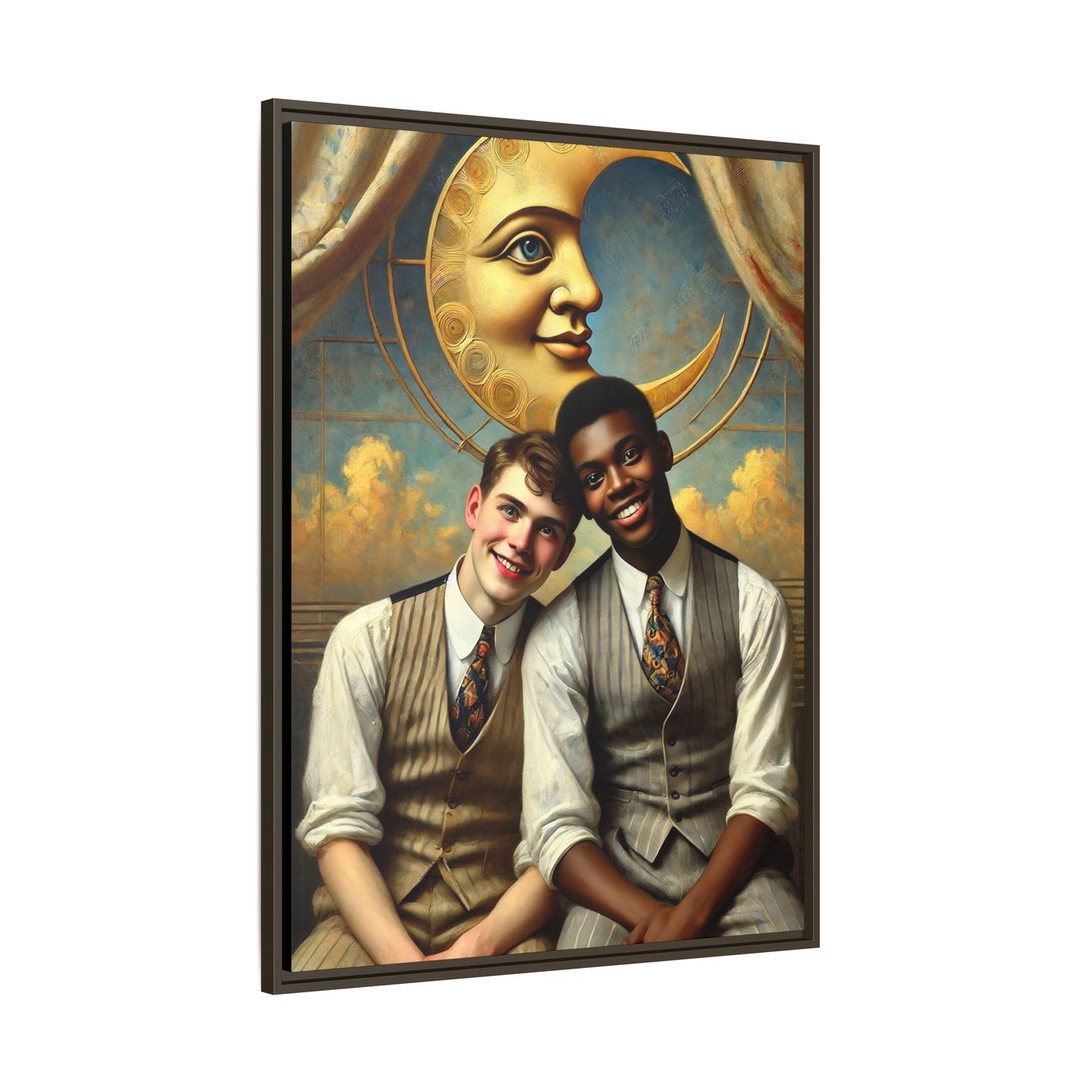 A vintage-style artwork showing a young interracial gay couple in 1920s attire sitting beneath a golden crescent moon with a serene expression. Their joyful closeness reclaims erased queer history and reflects the beauty of interracial love through a lens of tenderness and celebration.