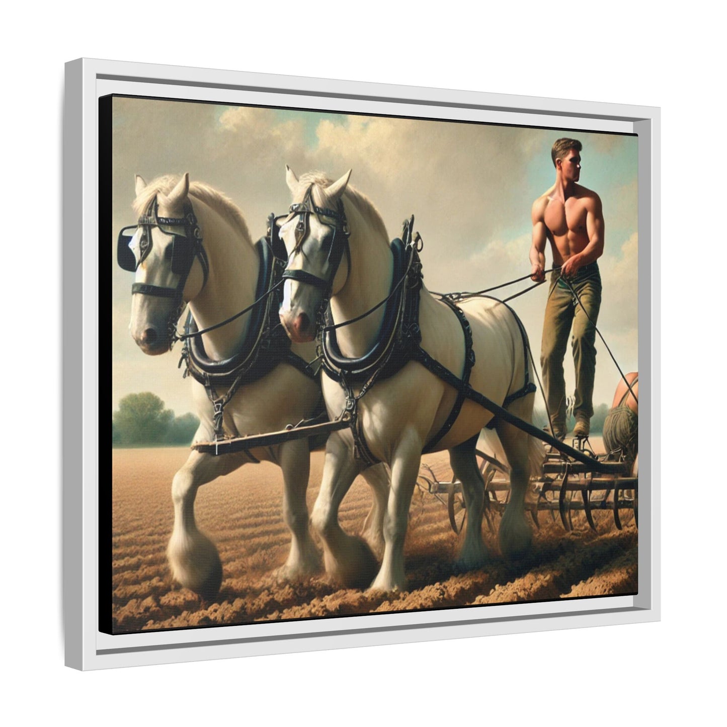 Vintage-style artwork of a shirtless man plowing a field with white horses, celebrating rural life and resilience.