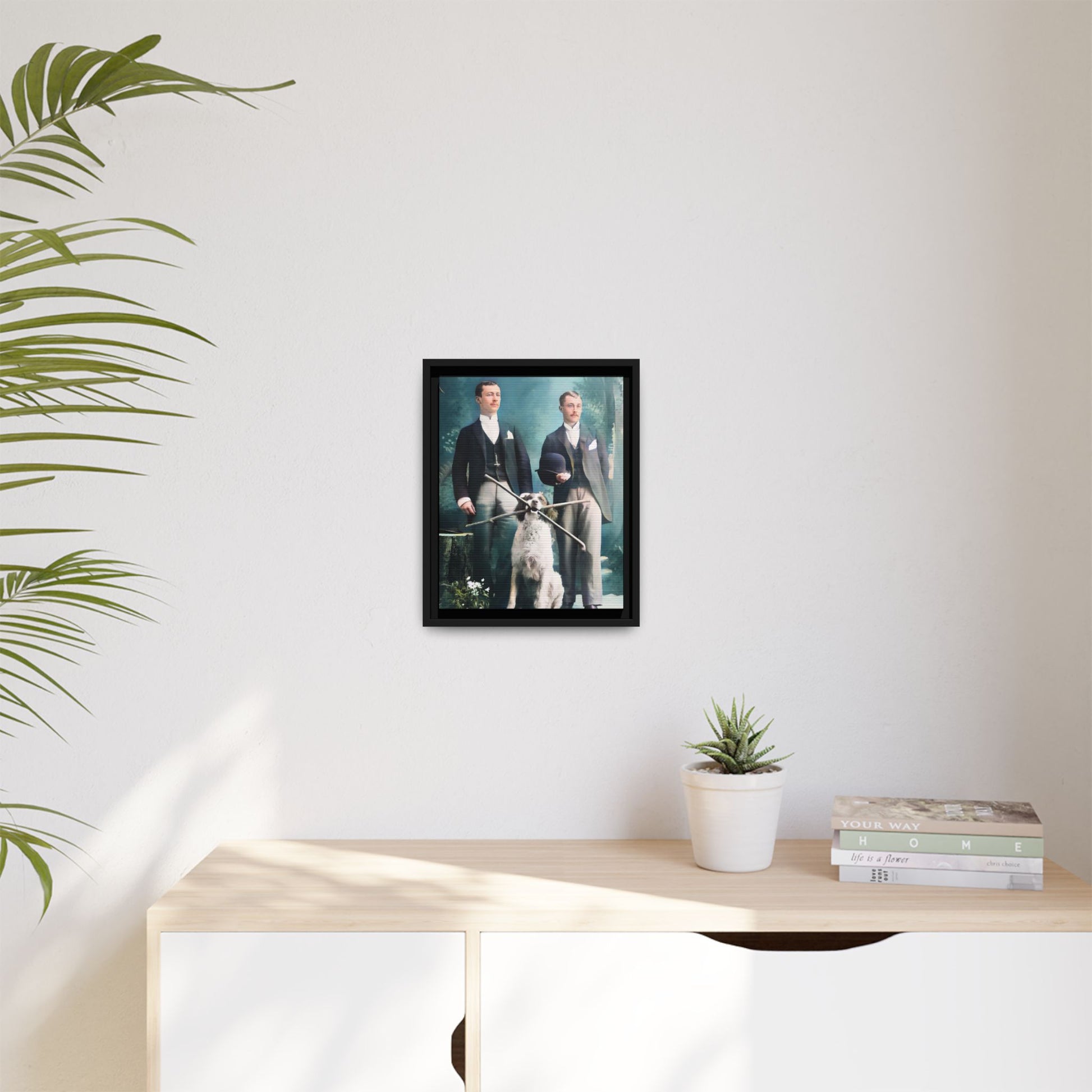 Restored vintage photograph of Patrick and Everett, an Edwardian gay couple with their loyal dog, taken in early 1900s Frankfort, Kentucky. Framed matte canvas print celebrating LGBTQ+ history, love, and companionship.