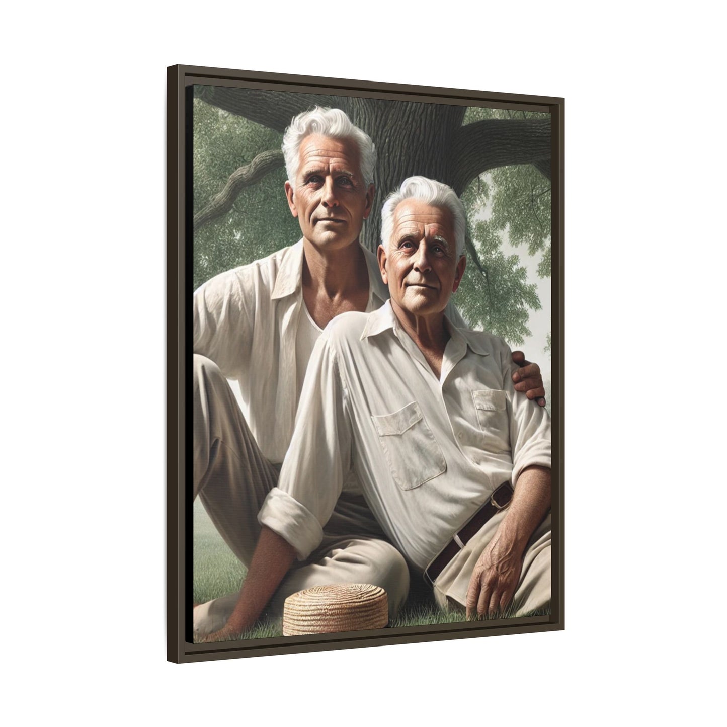 Hyper-realistic painting of an elderly gay couple in 1930s vintage attire under a leafy tree, celebrating love and resilience.