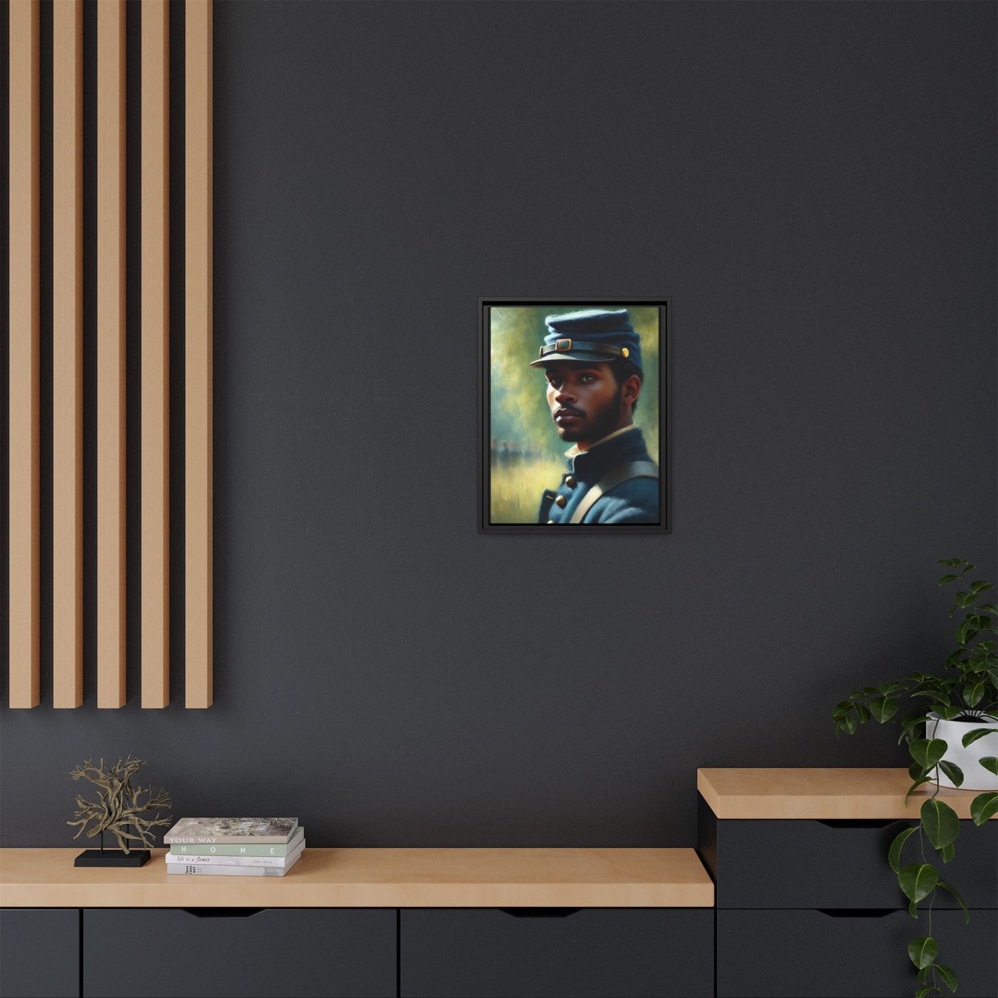 Portrait of an African American Civil War Union soldier in a kepi and navy wool coat, inspired by Walt Whitman’s Drum-Taps, honoring bravery, sacrifice, and resilience.