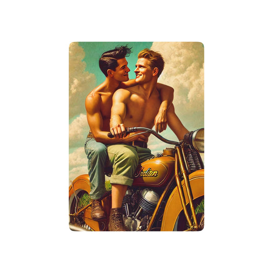 Vintage-inspired poker deck featuring two men on a classic Indian motorcycle, sharing a heartfelt moment. Gay Couple