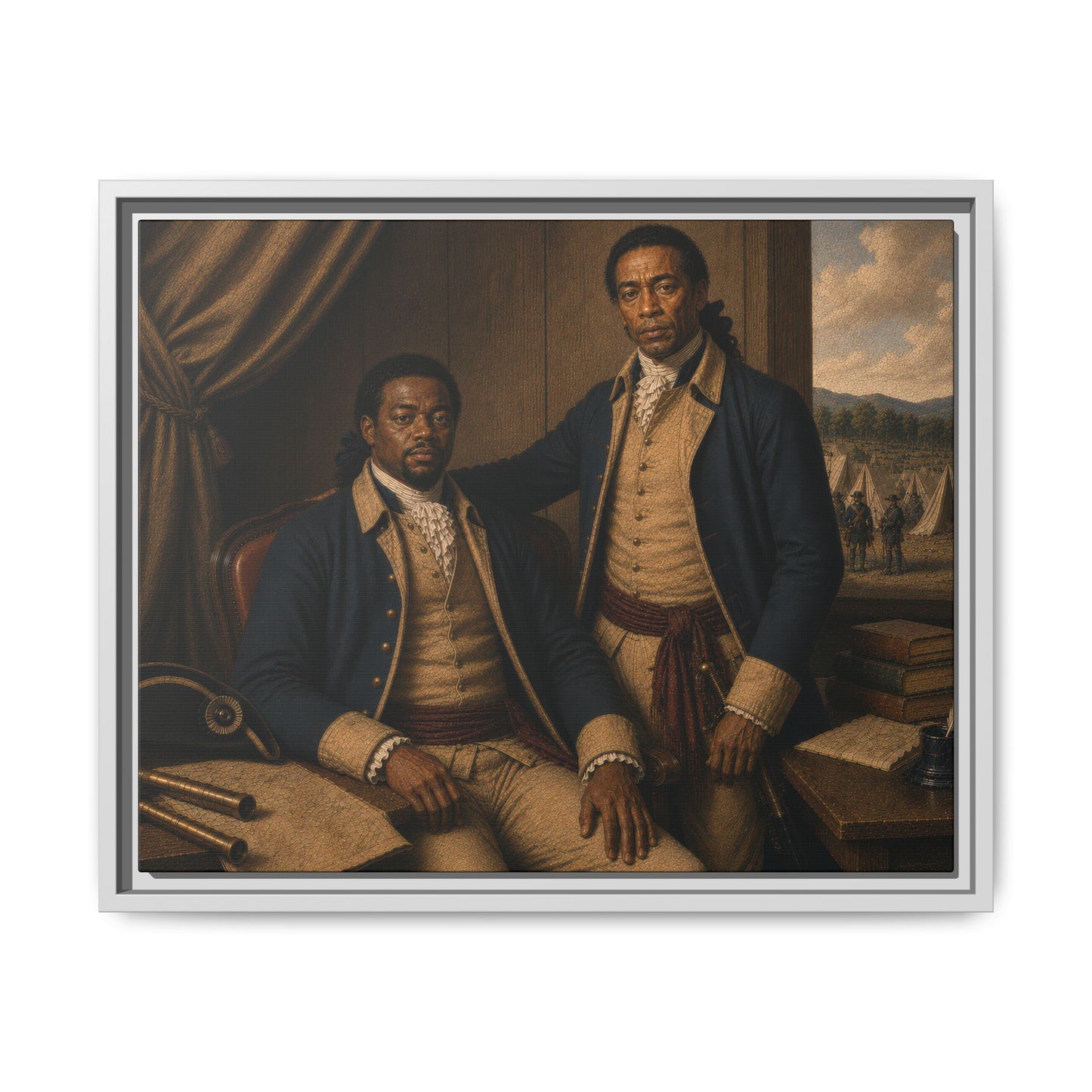 Museum-inspired portrait depicting African American Continental Army personnel in an eighteenth-century military office.