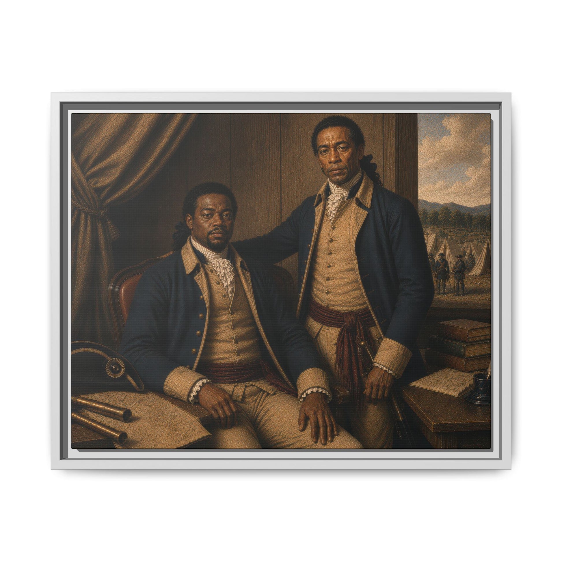 Museum-inspired portrait depicting African American Continental Army personnel in an eighteenth-century military office.