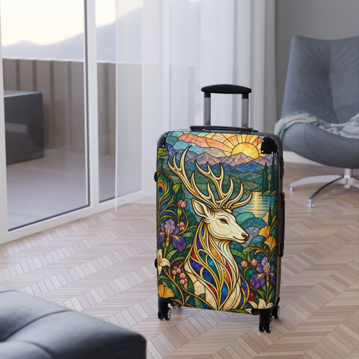 The Jeweled Sentinel Stained Glass Stag Suitcase | Aesthetic Movement Luggage