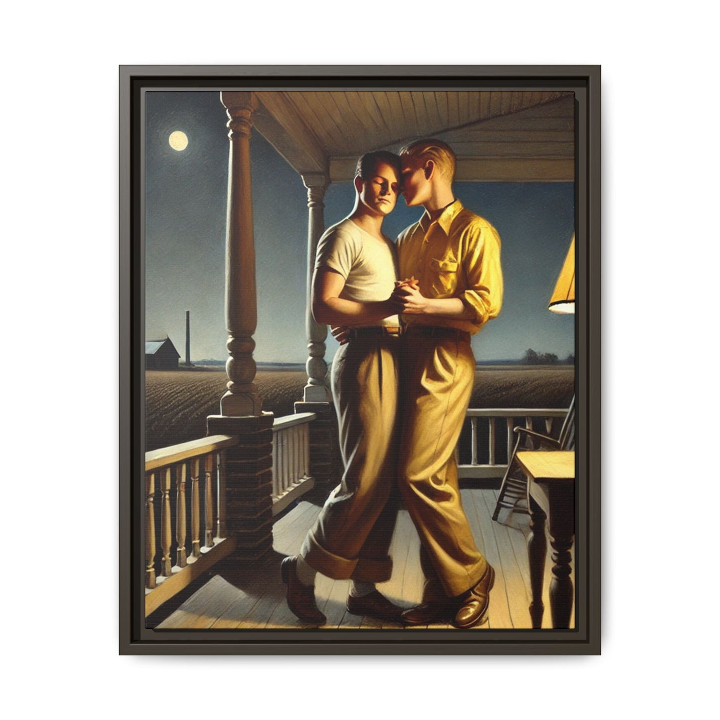 Artwork of a gay couple standing on a farmhouse porch under the moonlight, inspired by Grant Wood’s style.