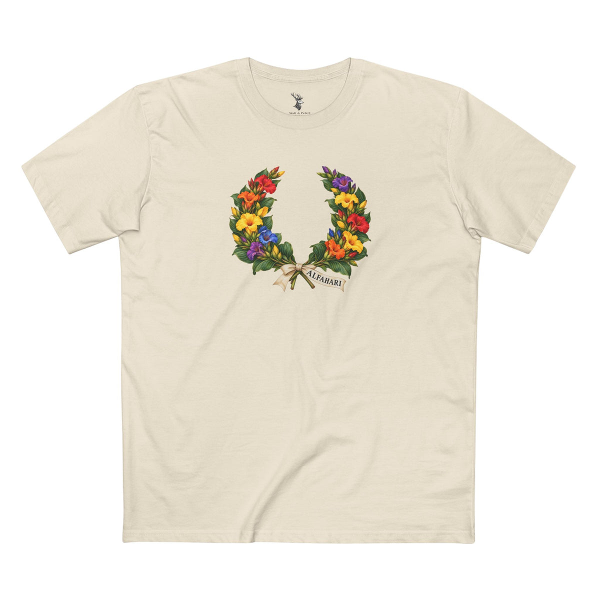 Nigerian costus laurel wreath with flowers in six Pride colors, broad green leaves, crossed stems, and an ivory ribbon reading ALFAHARI.