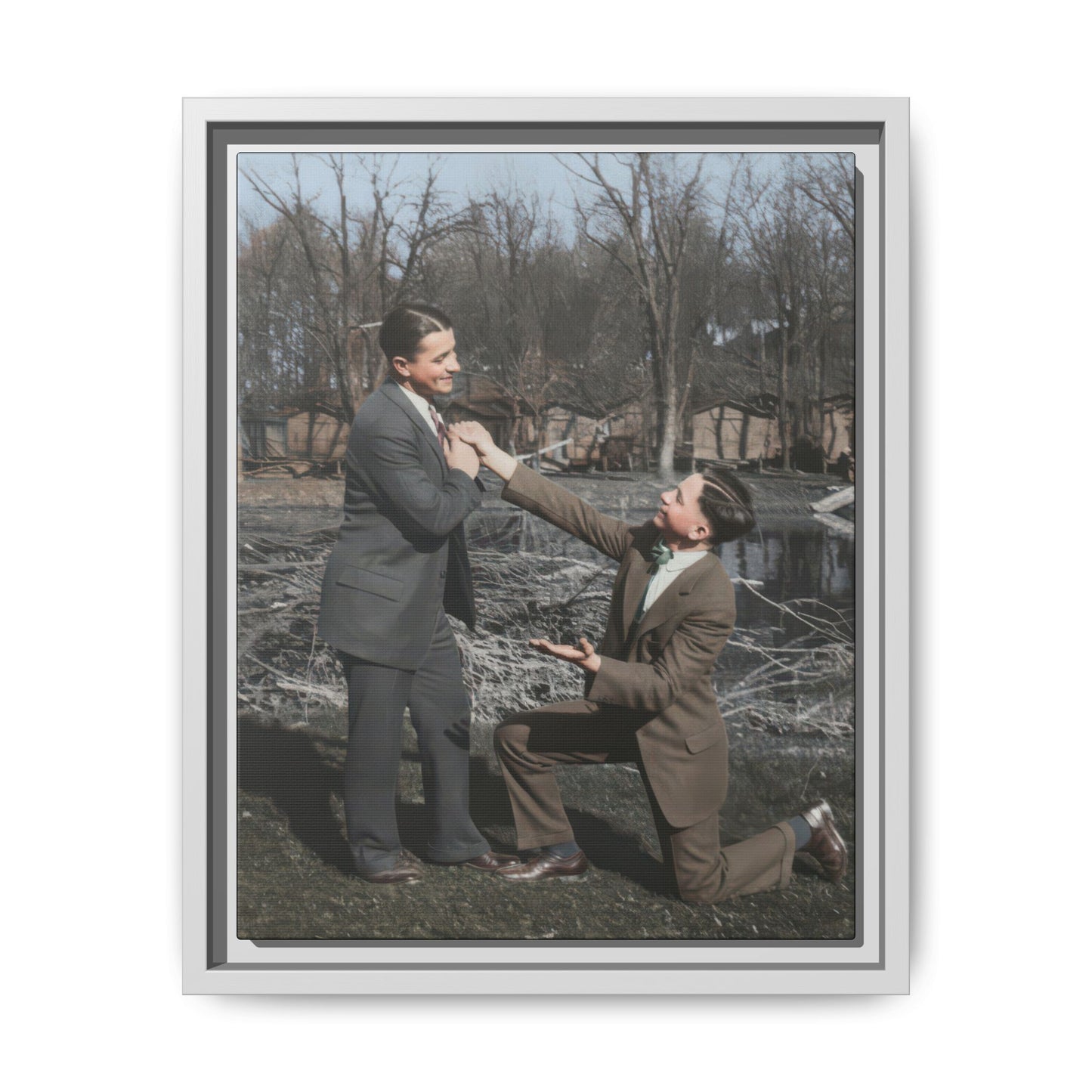 Framed canvas wall art featuring theatrical companion portrait in rural setting