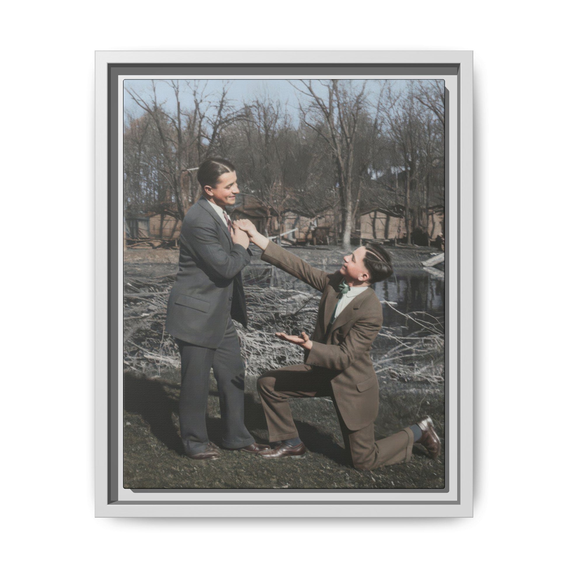 Framed canvas wall art featuring theatrical companion portrait in rural setting