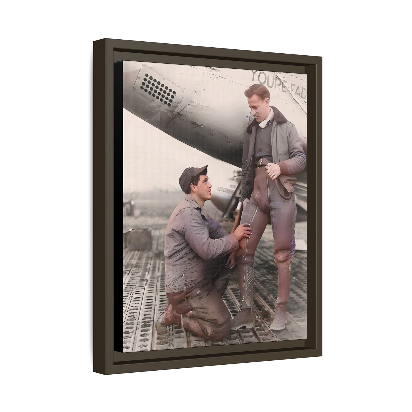 Restored vintage photo of Frank & Albert, a WWII pilot and mechanic on the USS Hornet, framed matte canvas art. US Airforce Gay Couple