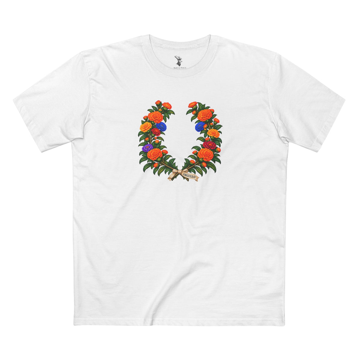 Mexican Cempasúchil Orgullo T-Shirt | Floral LGBTQ+ Pride Laurel Wreath Tee