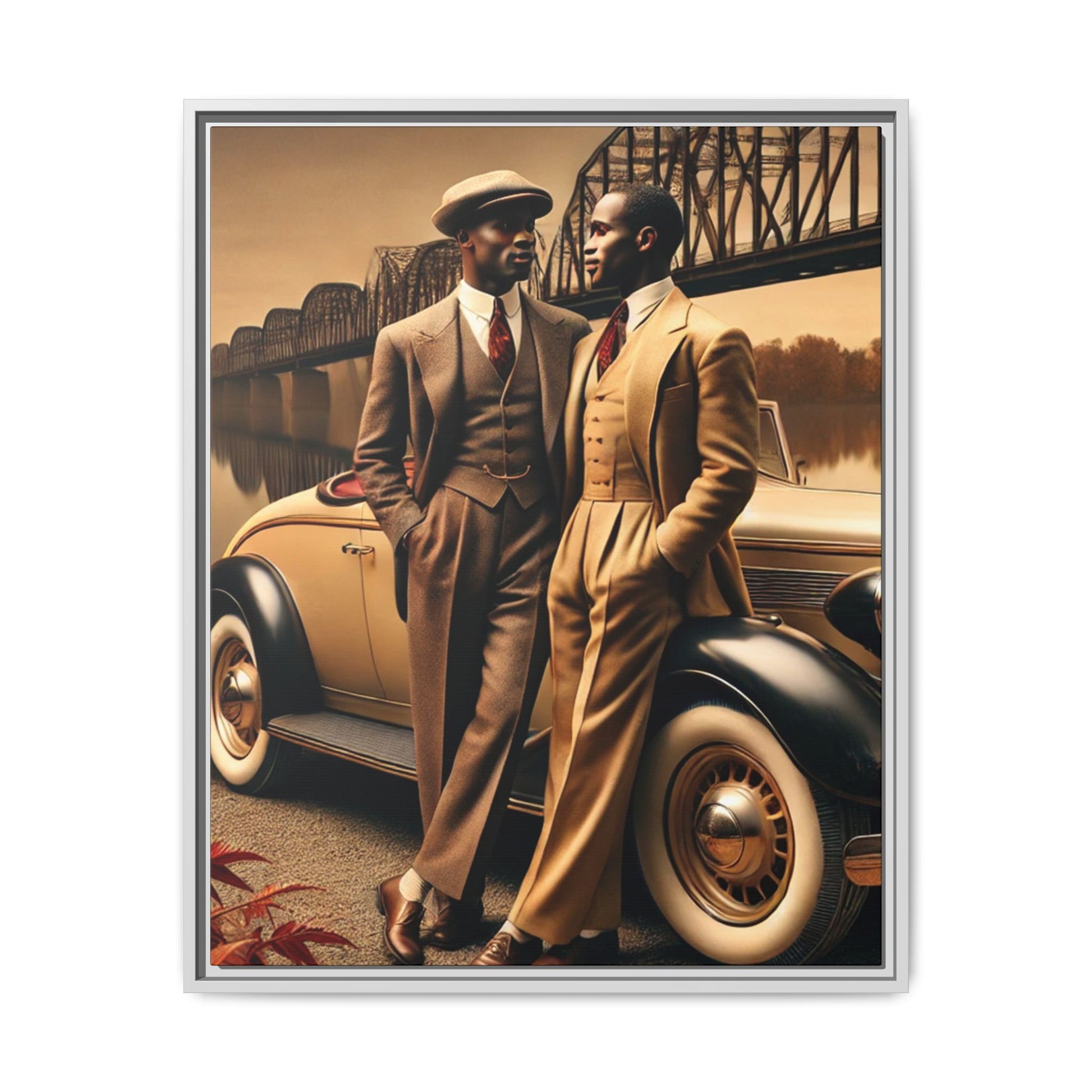 Vintage-style artwork of an African-American gay couple in the 1930s by the Mississippi River with a Packard car, celebrating love and resilience.