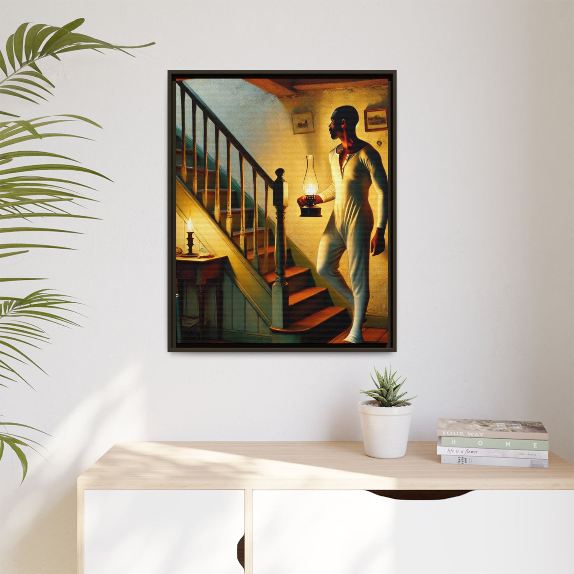 Framed artwork of an African-American man holding a lantern on a staircase, inspired by Grant Wood's style.