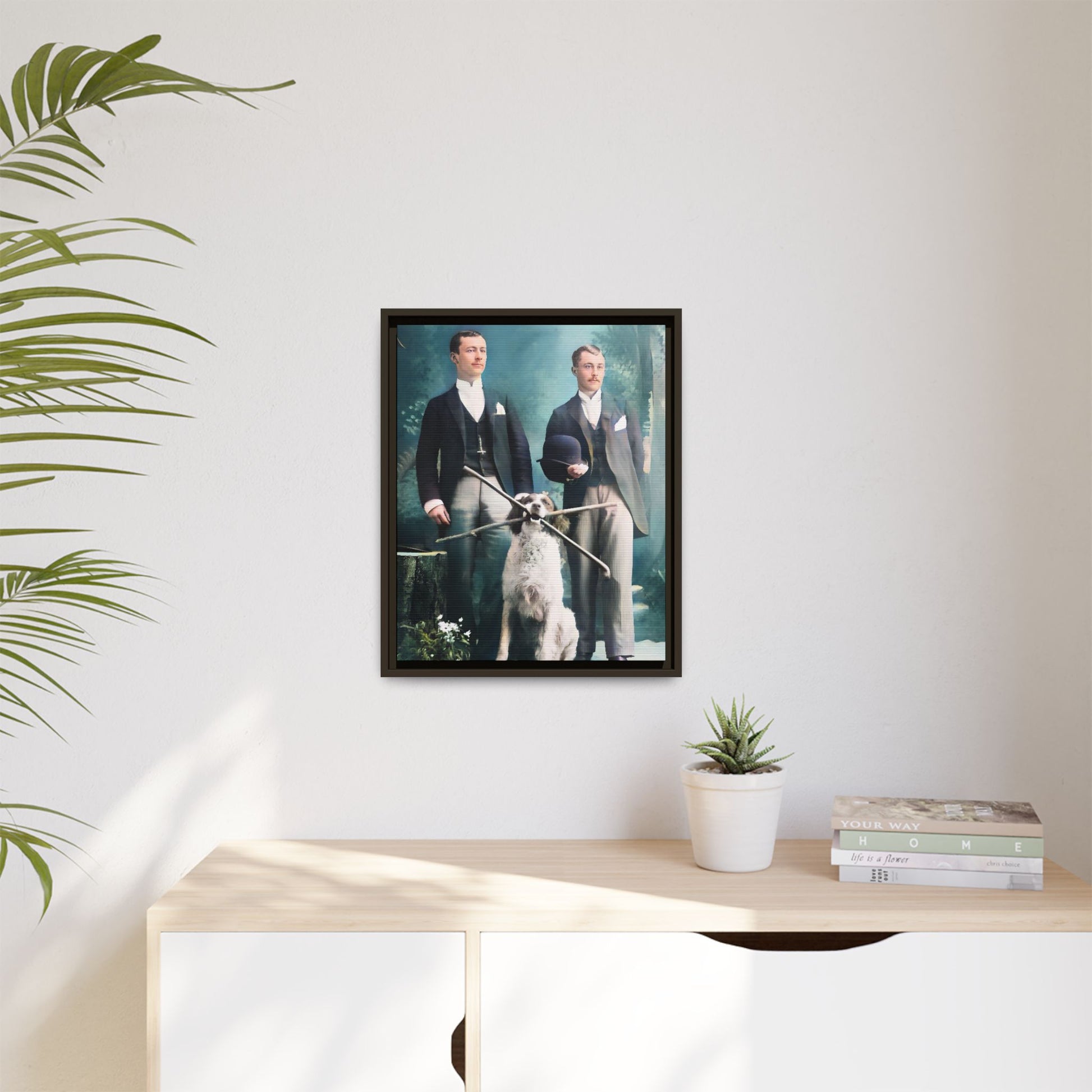 Restored vintage photograph of Patrick and Everett, an Edwardian gay couple with their loyal dog, taken in early 1900s Frankfort, Kentucky. Framed matte canvas print celebrating LGBTQ+ history, love, and companionship.