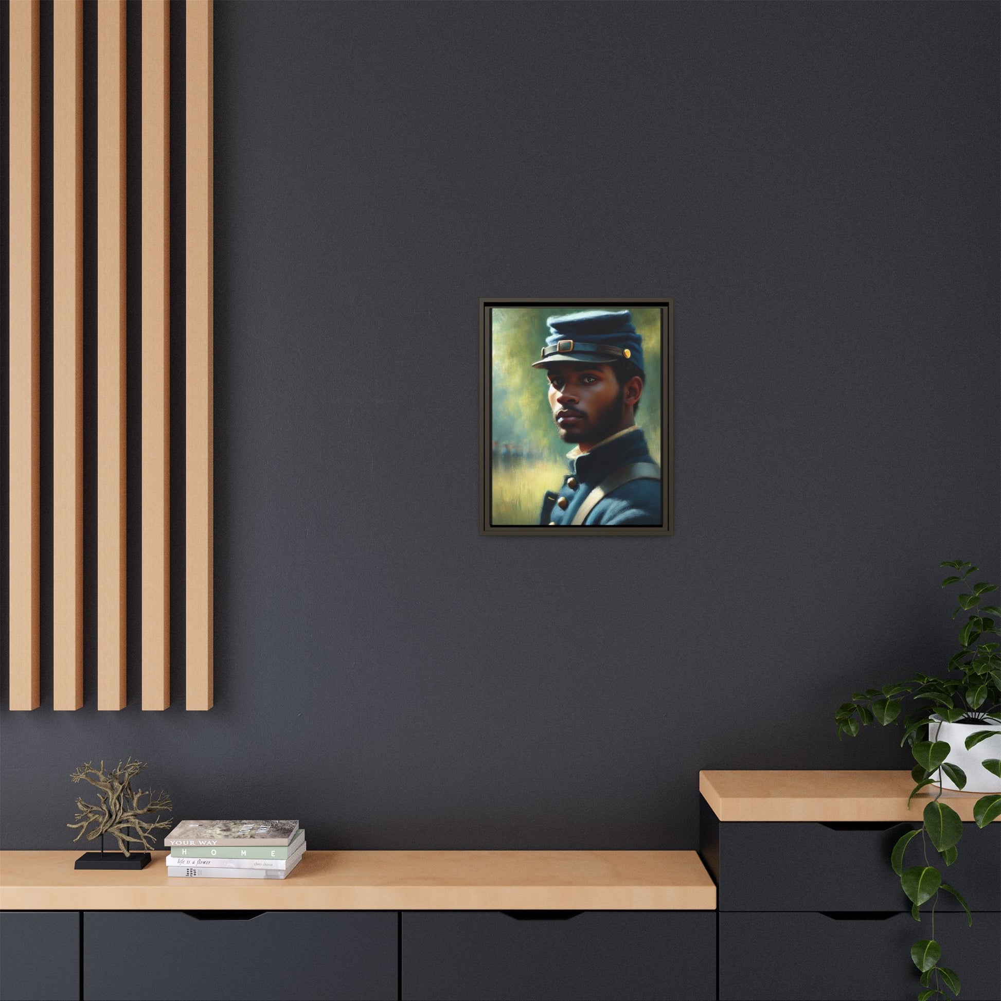 Portrait of an African American Civil War Union soldier in a kepi and navy wool coat, inspired by Walt Whitman’s Drum-Taps, honoring bravery, sacrifice, and resilience.