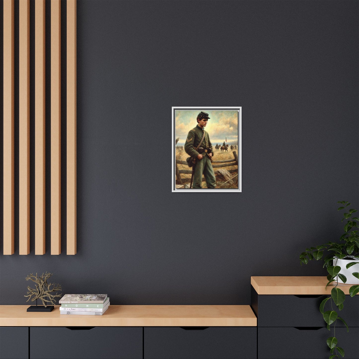 Framed artwork of a young Civil War Union soldier inspired by Walt Whitman’s Drum-Taps poems and Grant Wood's style, depicting battlefield sacrifice, humanity, and historical charm.