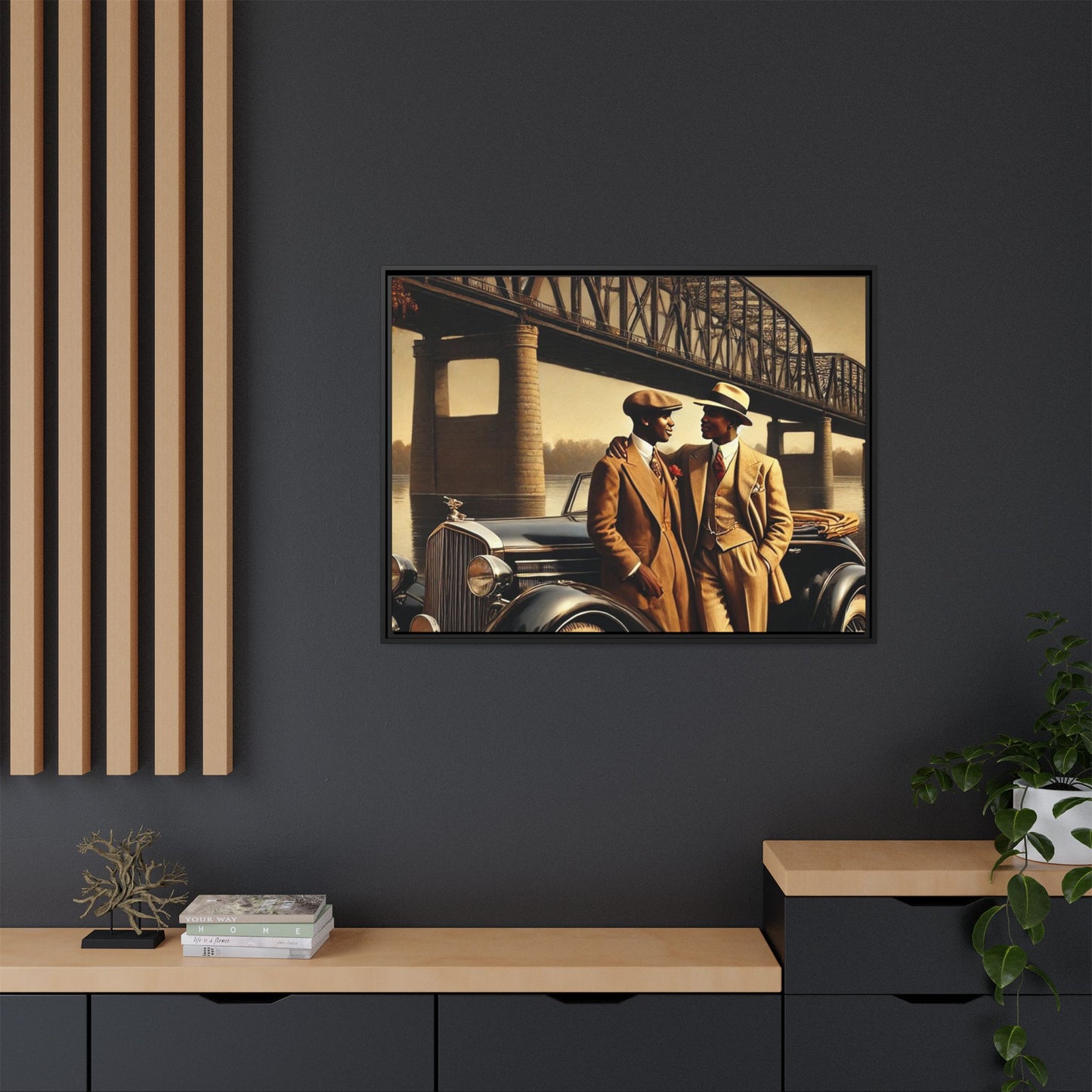 Vintage-style artwork of an African-American gay couple in the 1930s with a Packard car by the Mississippi River, celebrating love and inclusivity.