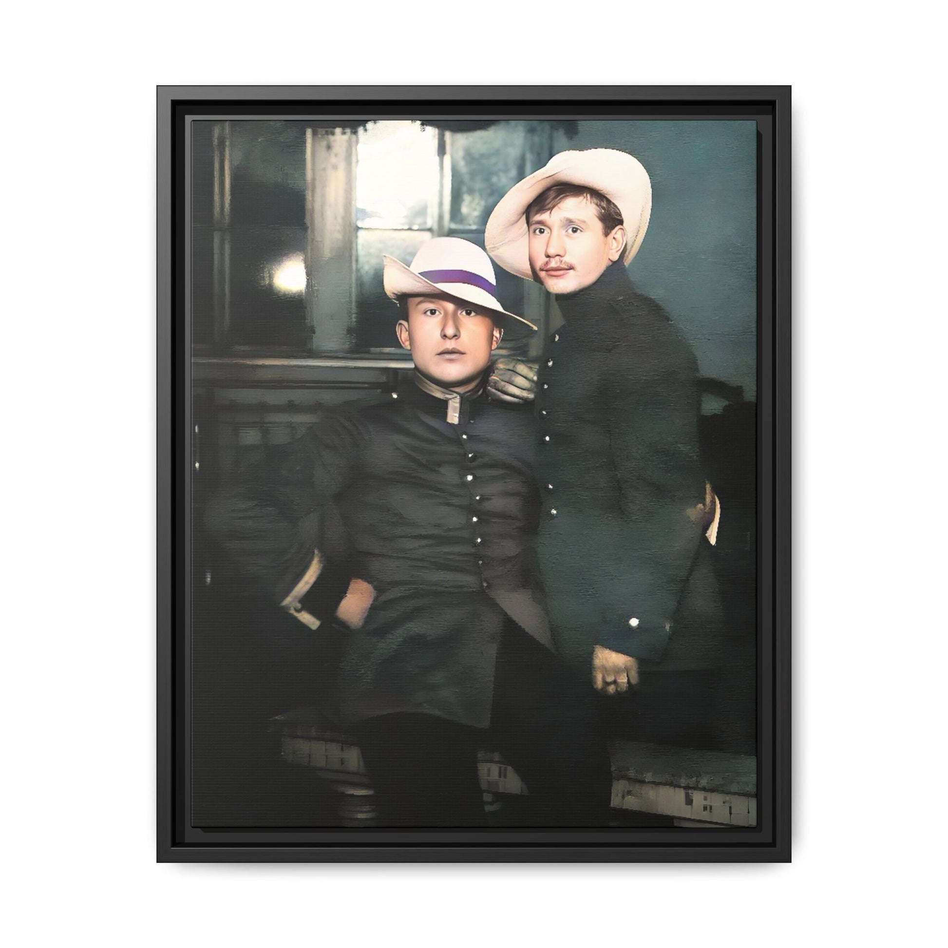 Restored vintage photograph of Flavio and Eustolio, an early 20th-century LGBTQ+ military couple from El Paso, Texas. Displayed as a framed matte canvas print, showcasing timeless love and resilience.