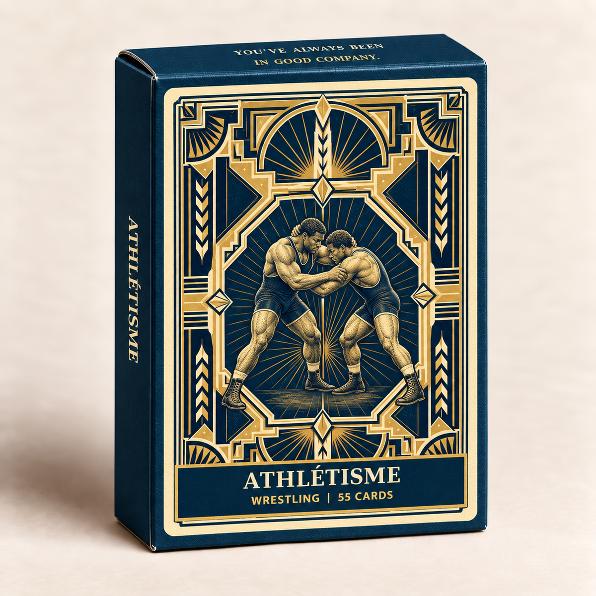 Athlétisme Black Wrestlers navy tuck box beside an illustrated wrestling card face and the navy-and-gold shared card back.