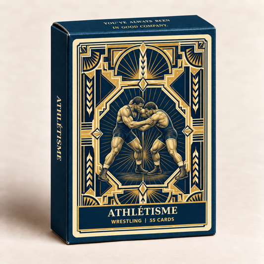 Athlétisme Black Wrestlers navy tuck box beside an illustrated wrestling card face and the navy-and-gold shared card back.