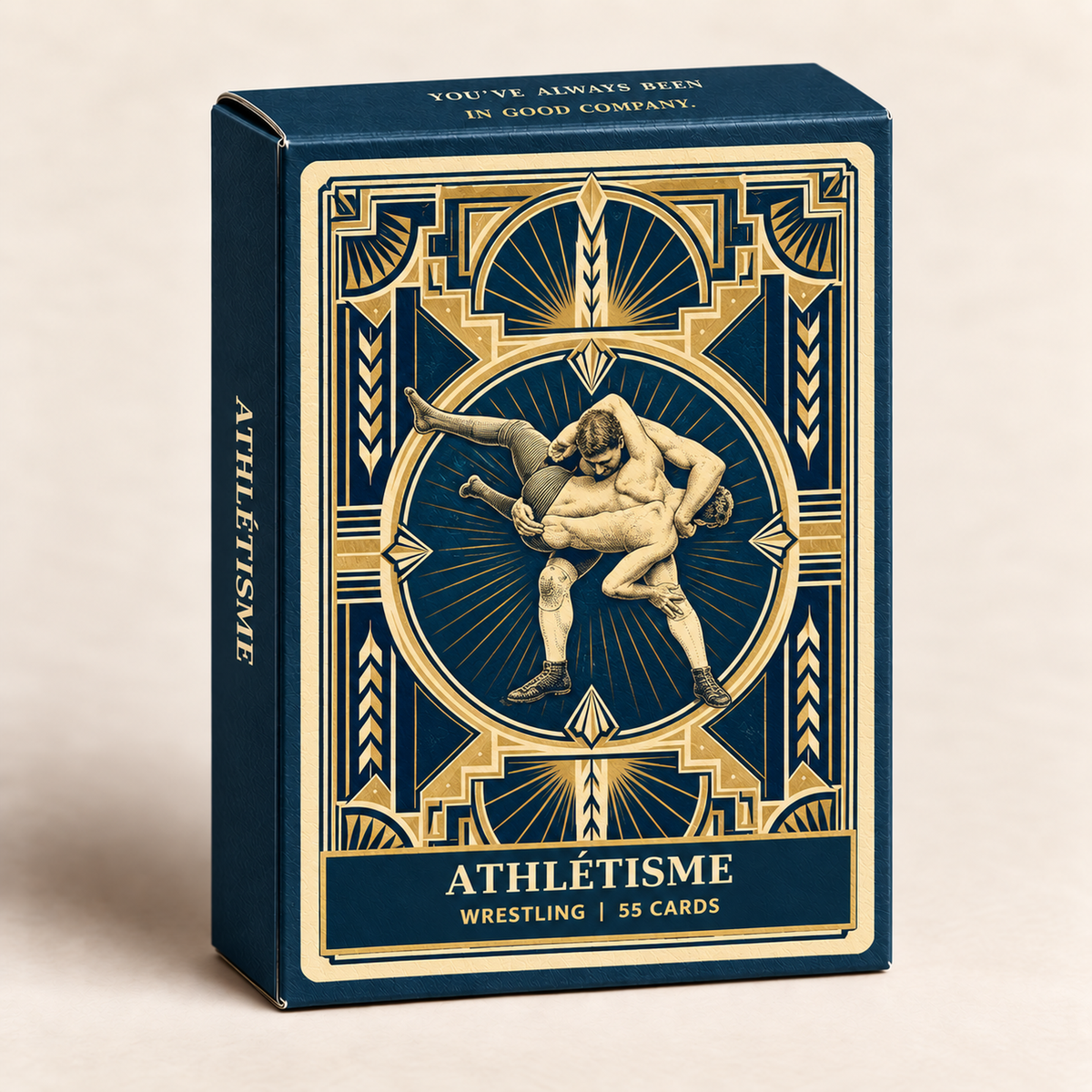 Athlétisme Wrestling navy tuck box beside an illustrated wrestling card face and the navy-and-gold Art Deco card back.
