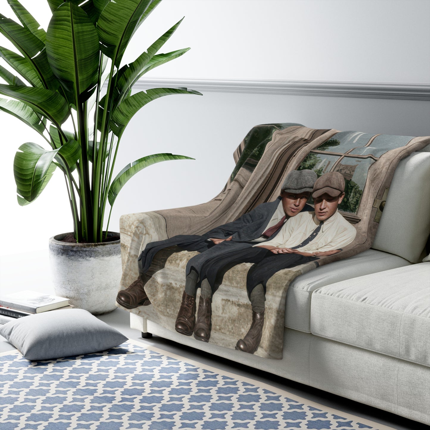 Cozy fleece throw with restored outdoor portrait and period menswear 