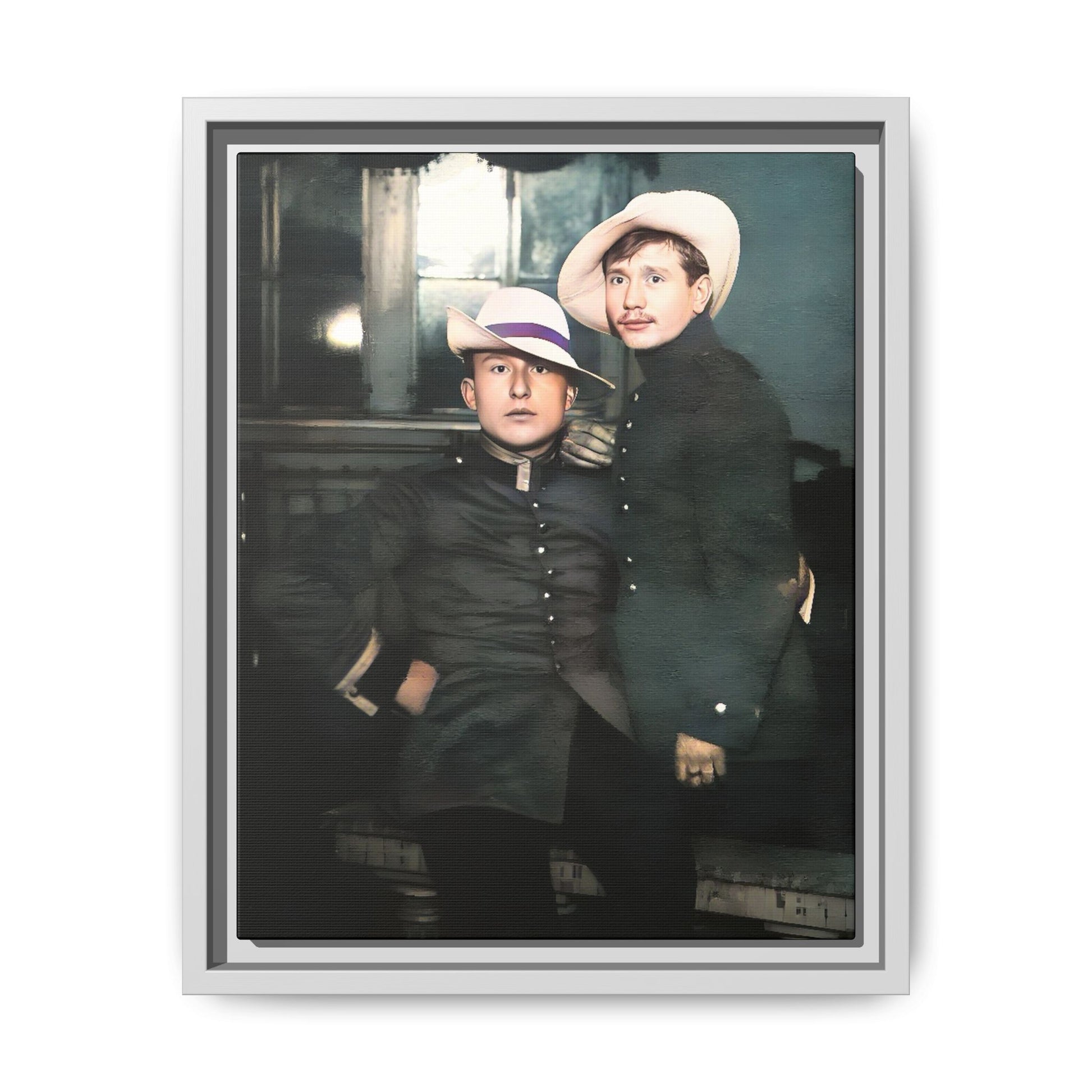 Restored vintage photograph of Flavio and Eustolio, an early 20th-century LGBTQ+ military couple from El Paso, Texas. Displayed as a framed matte canvas print, showcasing timeless love and resilience.