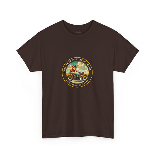 Celebrate queer Latinx pride with this bold vintage-inspired t-shirt from Walt & Pete®. Featuring two shirtless Latino men riding a motorcycle beneath the empowering text “Full Throttle. Zero Shame” and “Live Proud. Ride Loud,” this shirt honors LGBTQ+ love, freedom, and fearless self-expression.
