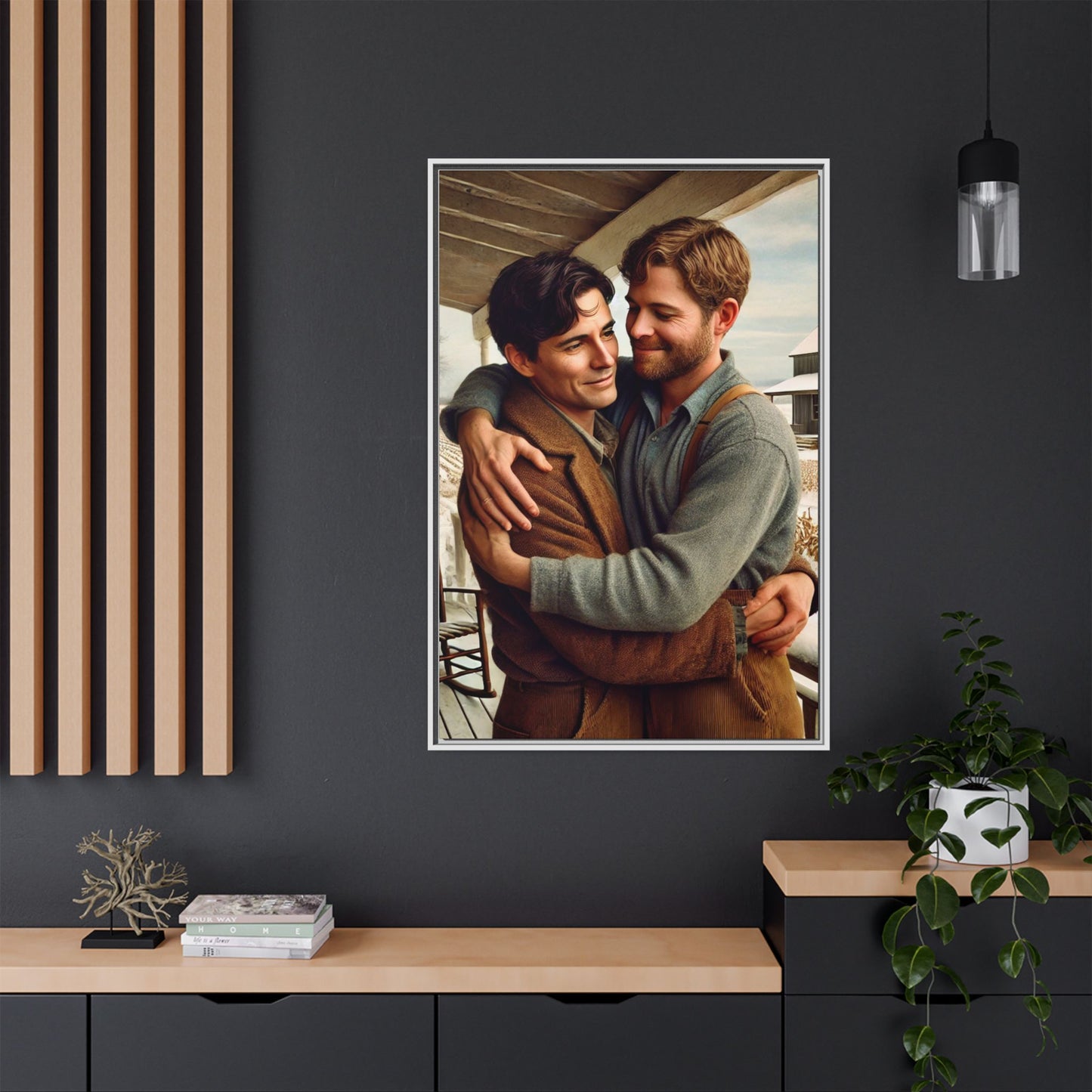 Artwork of a tender moment between two men embracing on a rustic farm porch in 1930s-style clothing. Set against a snowy, vintage rural backdrop, this image captures LGBTQ+ love and connection with a nostalgic Americana feel