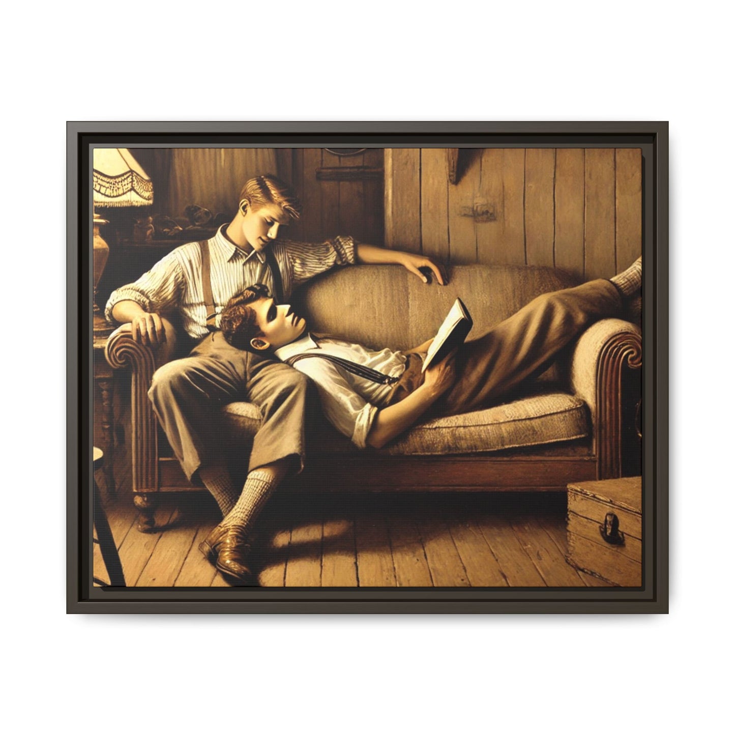 Art of a gay couple sharing an intimate moment on a cozy sofa in a rustic living room, inspired by Grant Wood’s style