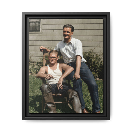 Mid twentieth century outdoor double portrait of two young men beside a house
