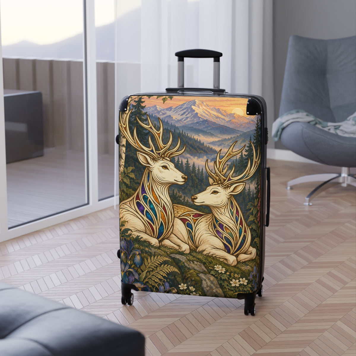 Companions at Dawn Jeweled Stag Suitcase | Aesthetic Movement Travel Luggage