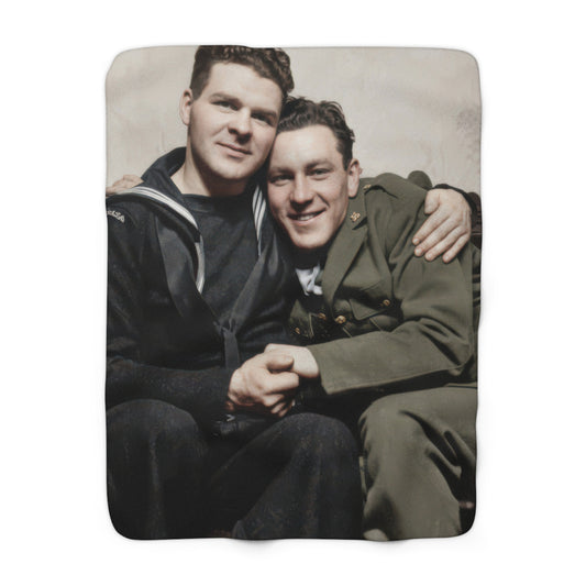 Heirloom sherpa blanket featuring a restored portrait of two young men in sailor and military uniforms 