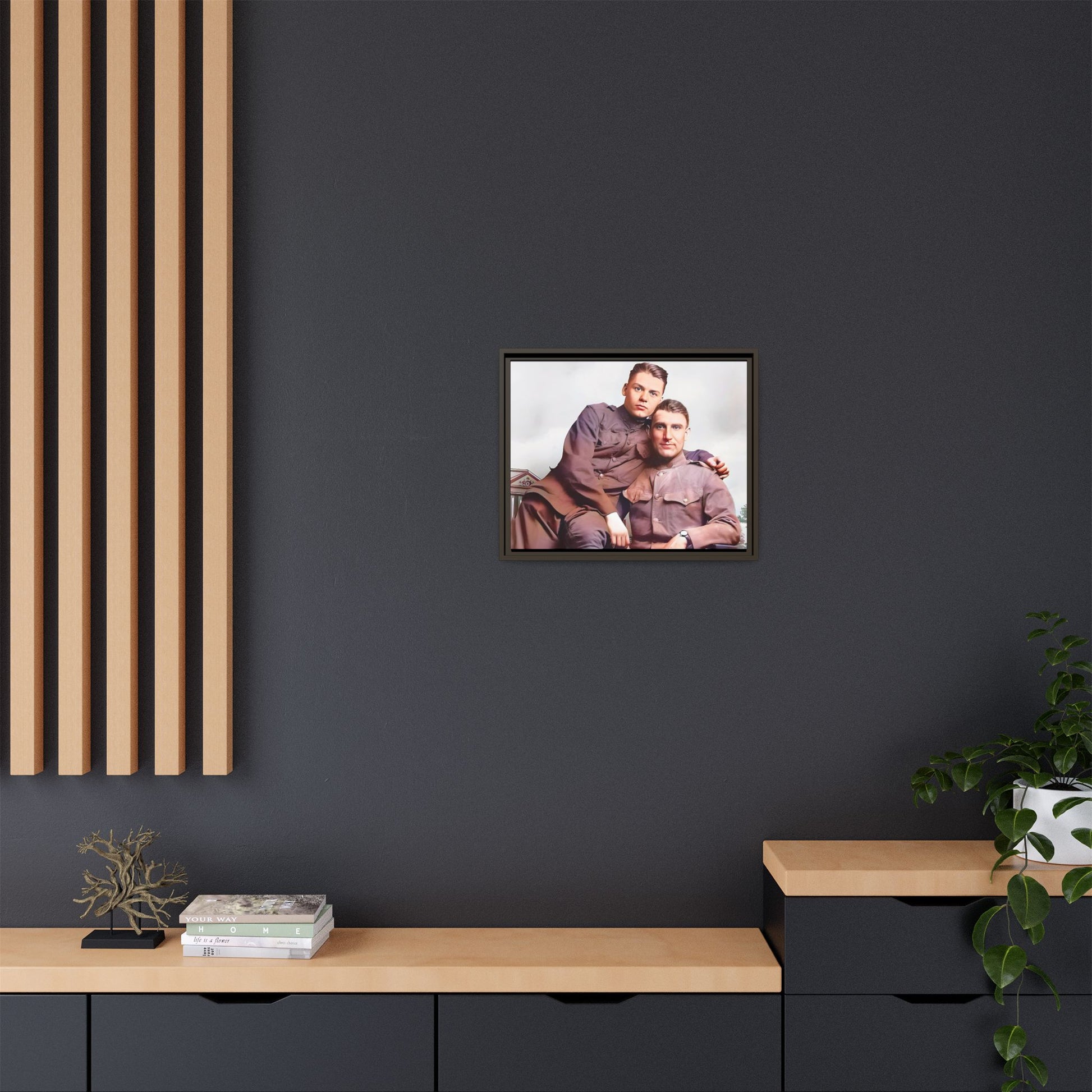 A restored WWII-era portrait of Charlie & Gordon at Debach Airfield, UK. This framed matte canvas captures military camaraderie, resilience, and historical connection, making it a timeless tribute for vintage and aviation collectors. Gay Couple