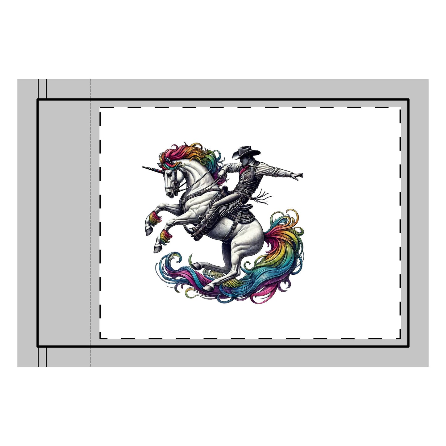 A bold Rainbow Riders flag featuring a cowboy riding a unicorn with a vibrant rainbow mane and tail, symbolizing diversity, unity, and inclusion. The design highlights school spirit and pride, perfect for events and advocacy. LGBTQ GAY Queer Flag