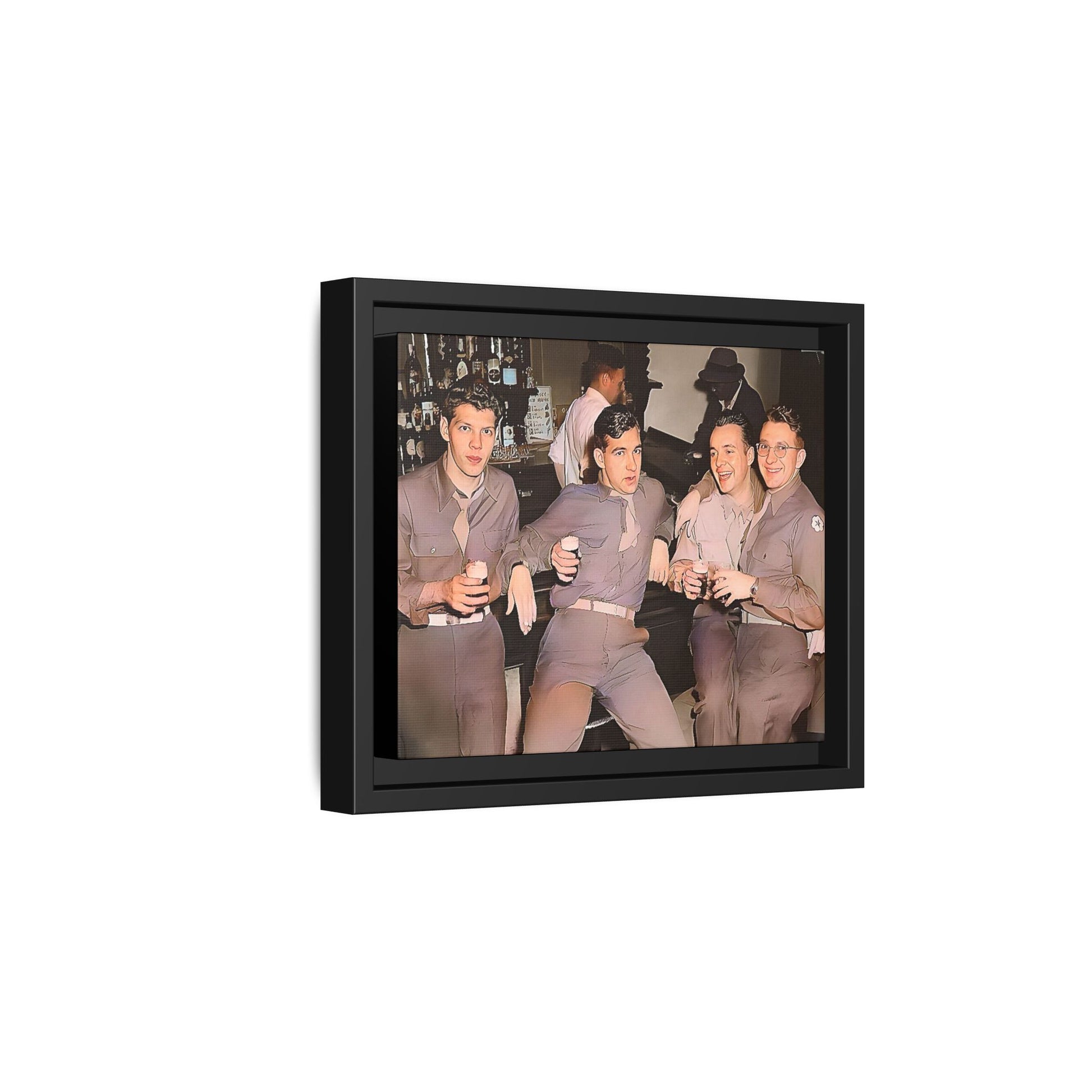 Restored vintage photograph of soldiers in uniform gathered at Jackson's gay bar in mid-20th century San Francisco. Framed matte canvas print celebrating camaraderie, resilience, and LGBTQ+ history.