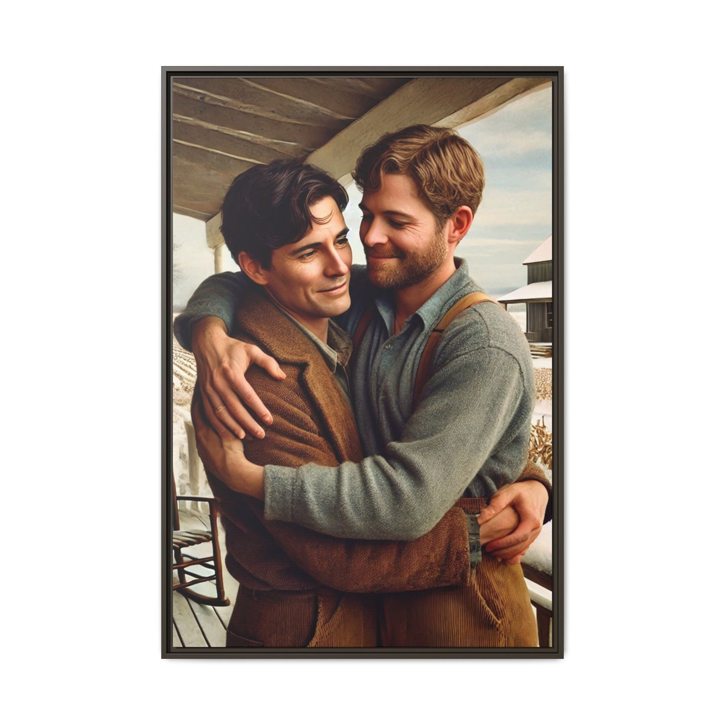 Artwork of a tender moment between two men embracing on a rustic farm porch in 1930s-style clothing. Set against a snowy, vintage rural backdrop, this image captures LGBTQ+ love and connection with a nostalgic Americana feel