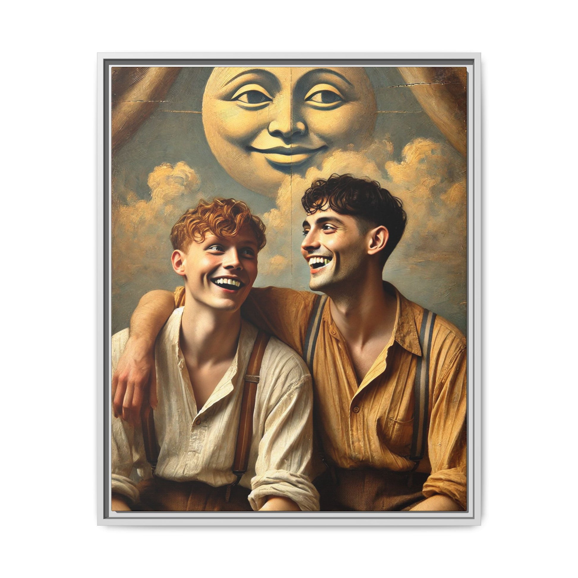 Queer artwork of two joyful young men dressed in vintage clothing with rolled sleeves and suspenders, laughing under a large moon prop in a dreamy studio scene. A celebration of love and resilience reclaimed from forgotten queer histories.