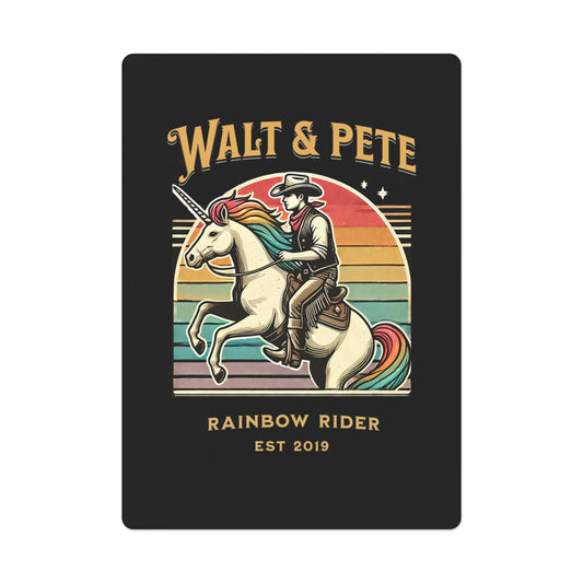 A cowboy riding a rearing unicorn with a rainbow mane and tail against a retro rainbow sunset, symbolizing inclusivity and individuality.