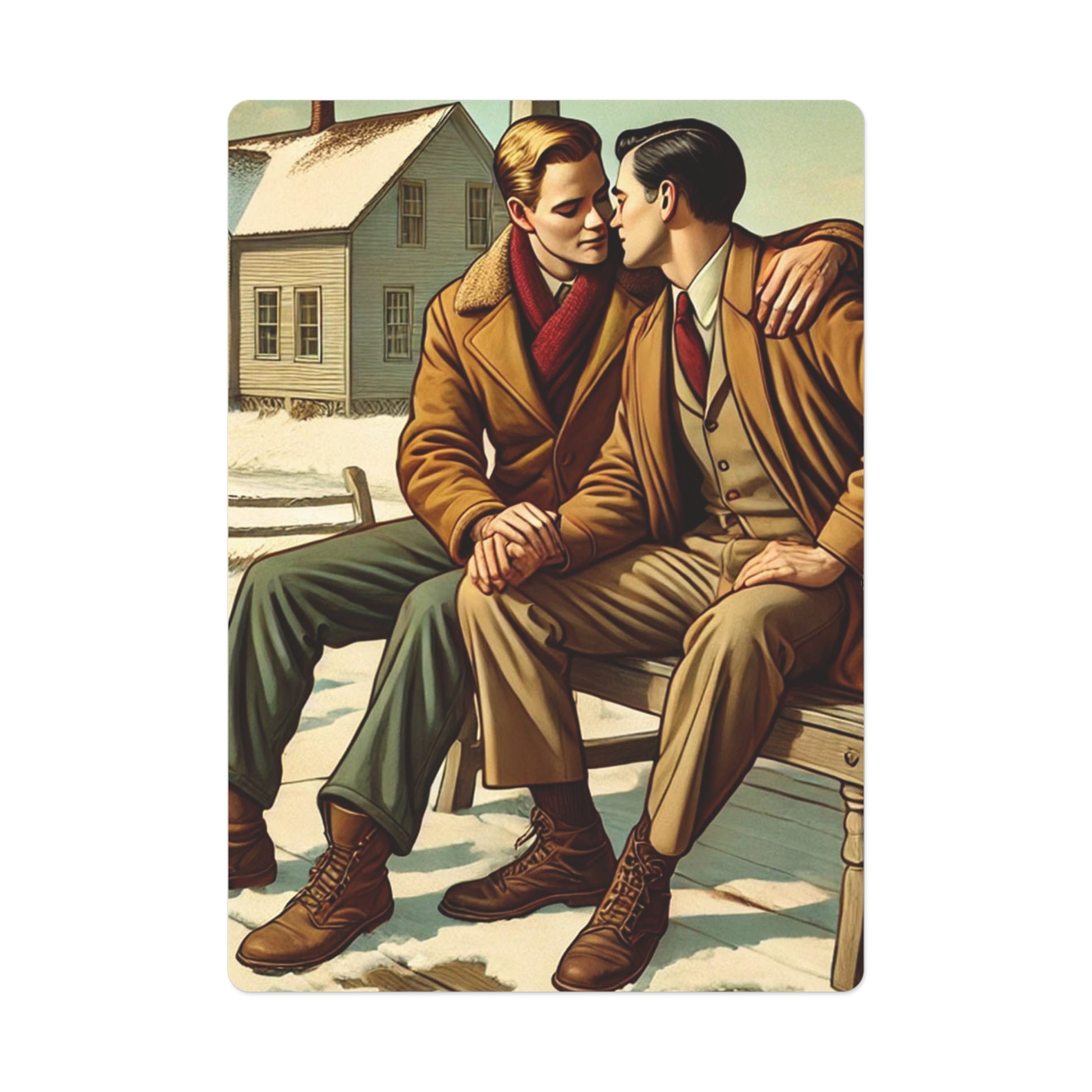 A romantic Christmas morning scene of boyfriends sharing a private moment on a snowy porch, inspired by Grant Wood’s iconic Americana style.