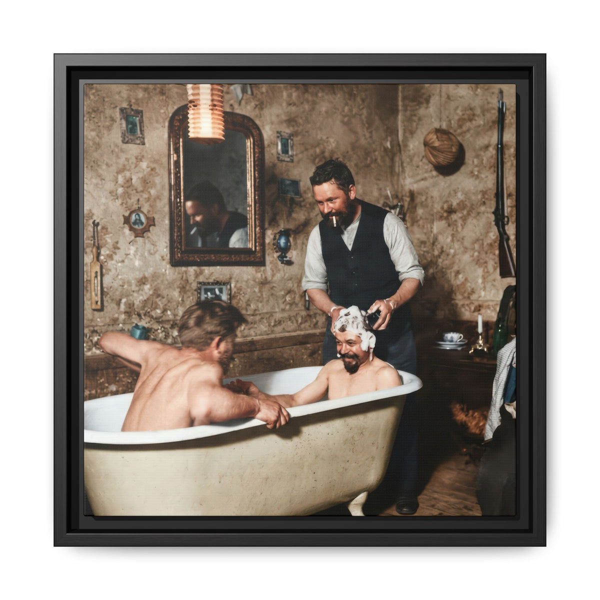 Hommes 031 artwork showing two men in a pale freestanding bathtub while a third man washes one man's hair beside a large mirror.