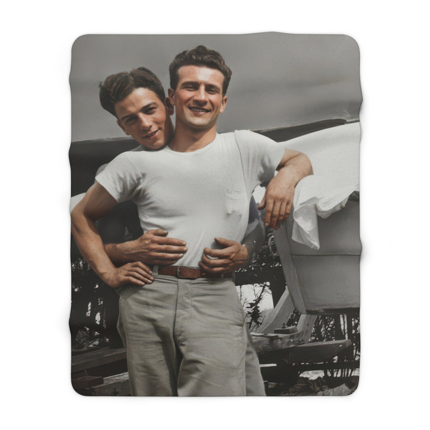 Heirloom sherpa throw blanket featuring two men in restored vintage image 