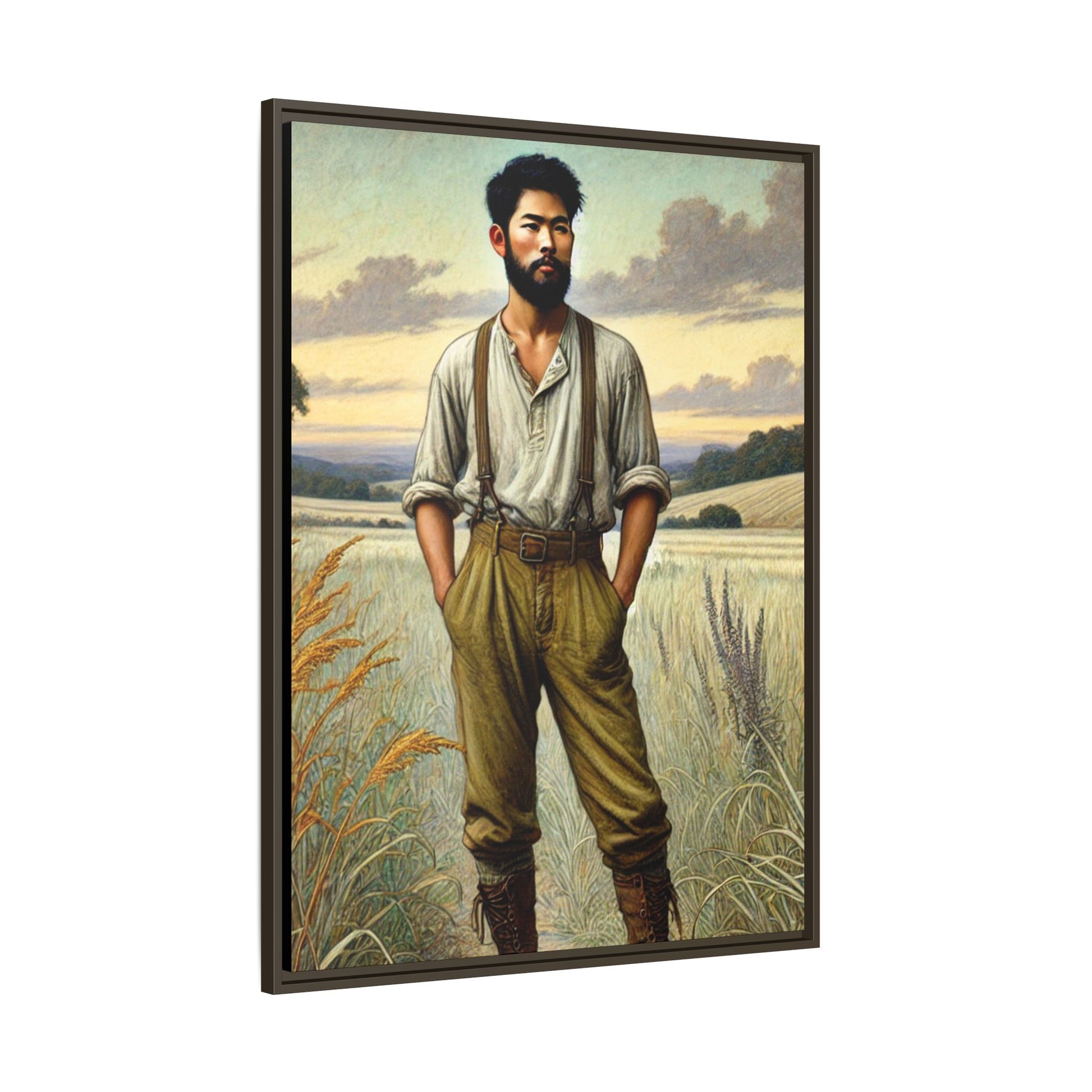 Framed artwork of an Asian-American farmer in 19th-century attire, inspired by Walt Whitman’s Leaves of Grass and Song of Myself, set against a serene rural backdrop of golden wheat fields and rolling hills.