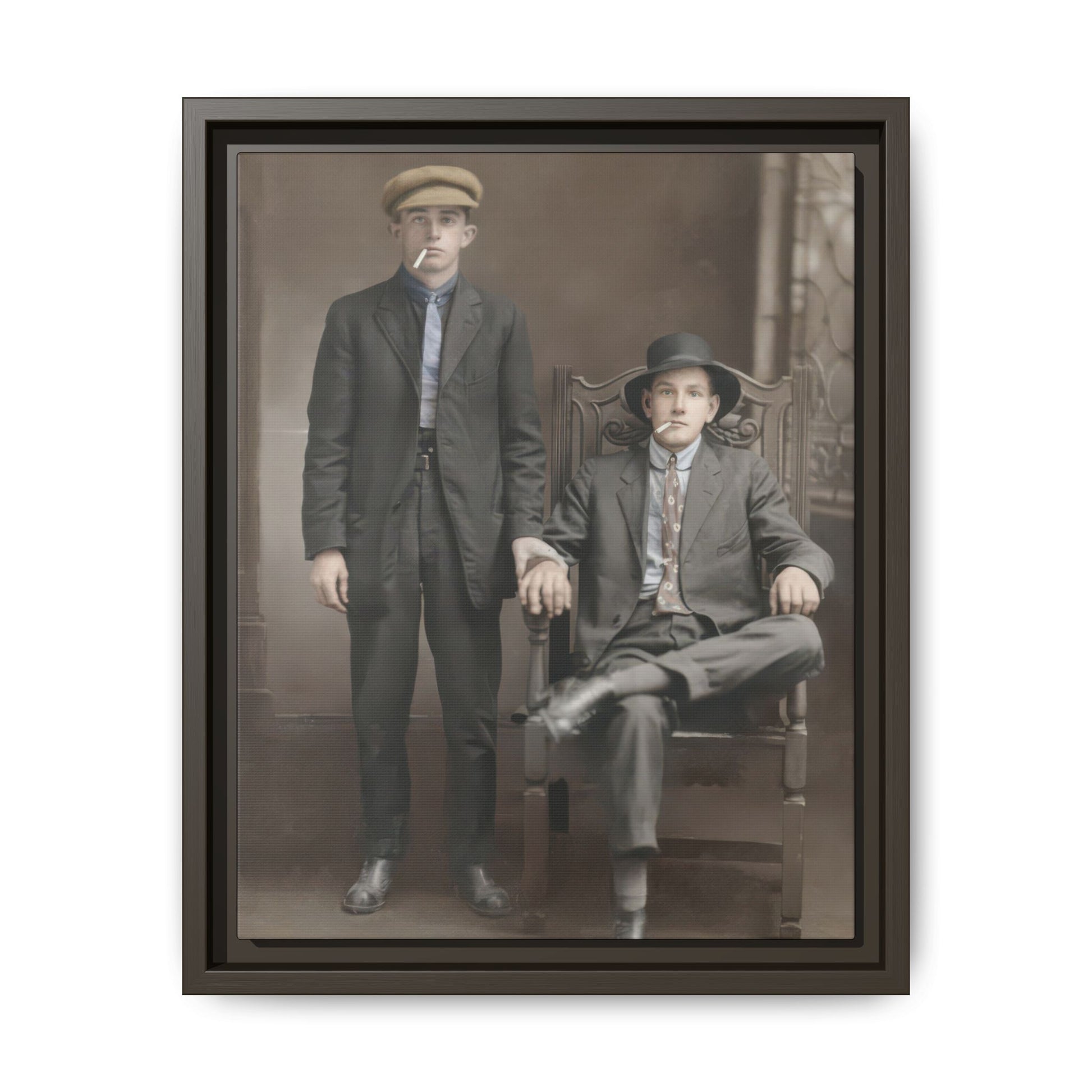 Historical double portrait showing one standing figure and one seated figure in a carved chair