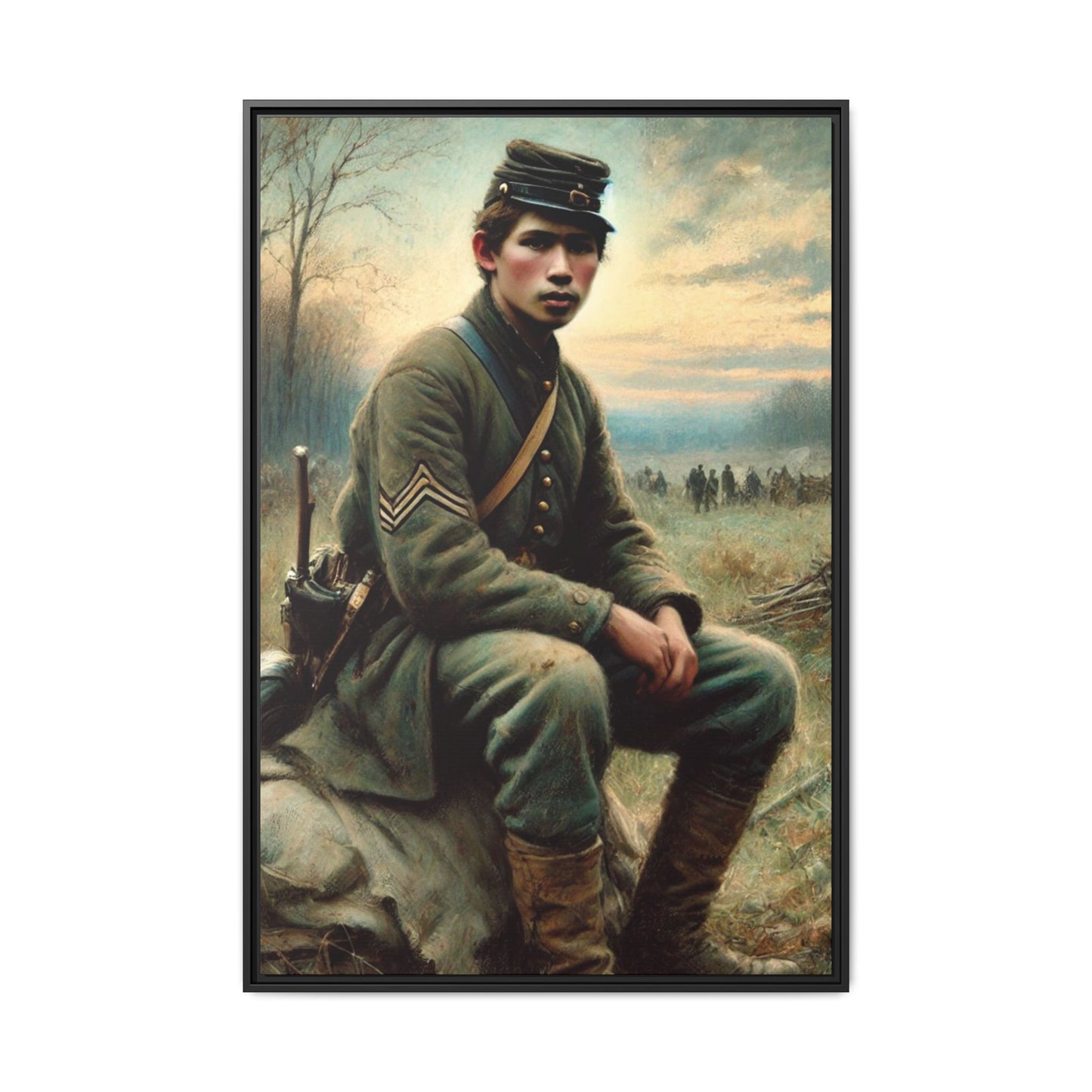 Framed artwork of a Civil War Union soldier inspired by Walt Whitman’s Leaves of Grass and Drum-Taps, depicting themes of sacrifice, strength, and vulnerability amidst a 19th-century battlefield.