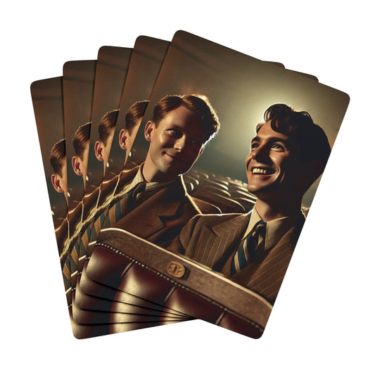 Limited edition poker deck featuring a vintage 1940s movie theater scene with two men sharing a quiet moment of love.