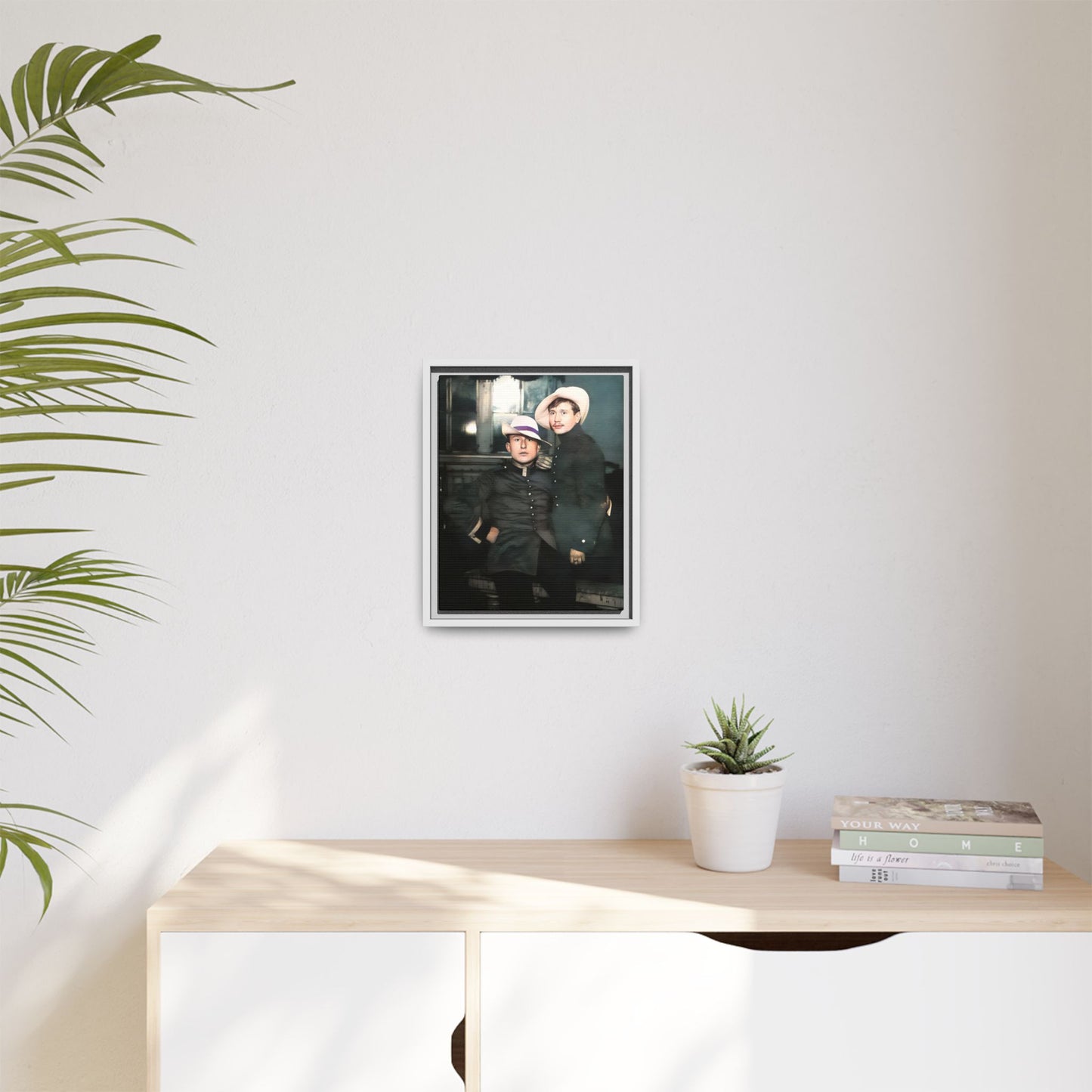 Restored vintage photograph of Flavio and Eustolio, an early 20th-century LGBTQ+ military couple from El Paso, Texas. Displayed as a framed matte canvas print, showcasing timeless love and resilience.