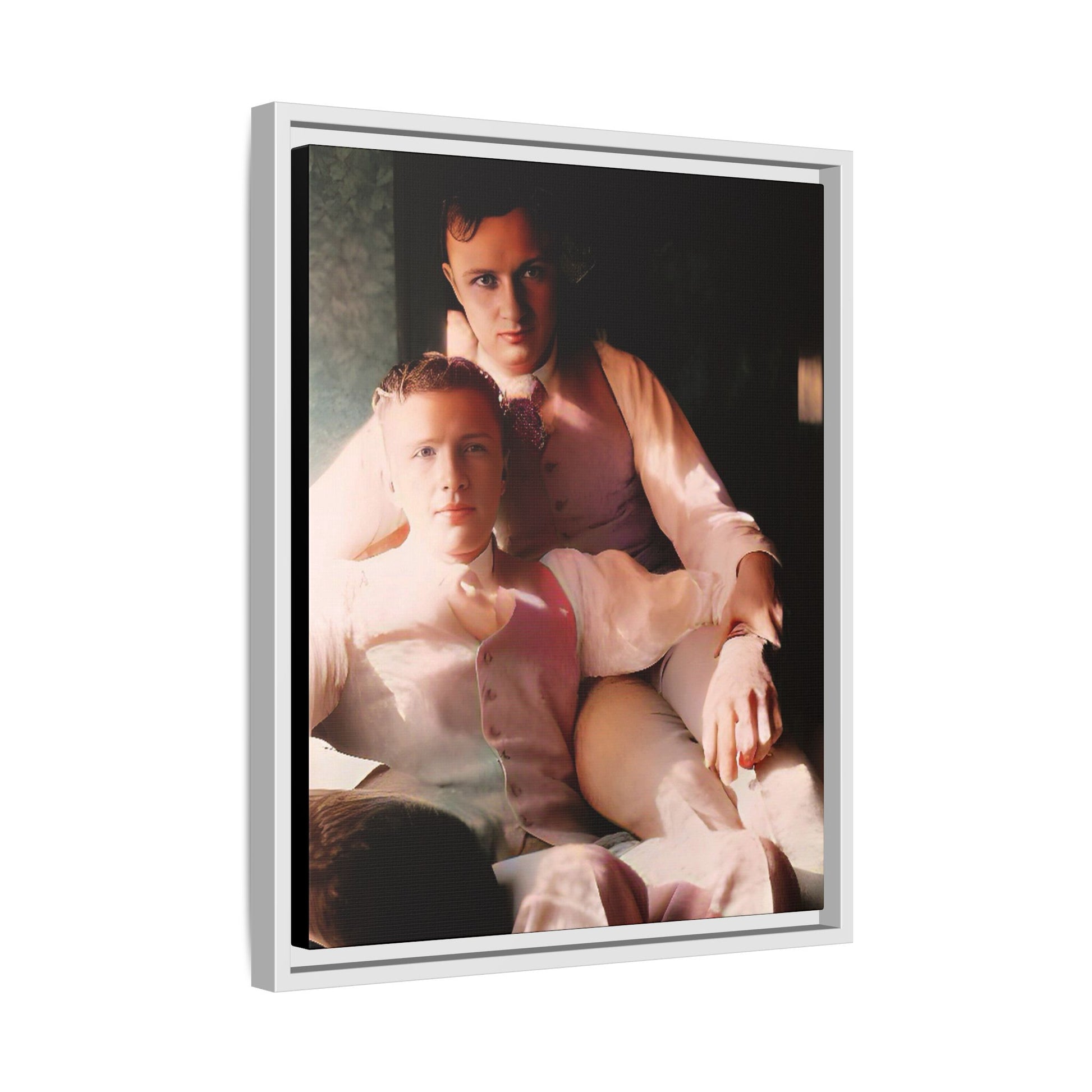 Restored vintage photograph of James and Henry, an early 1900s LGBTQ+ couple from Dayton, Ohio, sharing an intimate, sunlit moment. Framed matte canvas print celebrating love, devotion, and LGBTQ+ history.