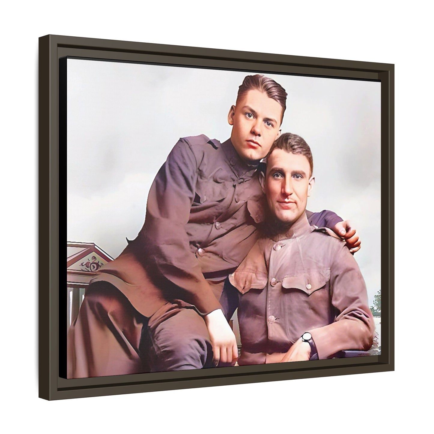 A restored WWII-era portrait of Charlie & Gordon at Debach Airfield, UK. This framed matte canvas captures military camaraderie, resilience, and historical connection, making it a timeless tribute for vintage and aviation collectors. Gay Couple